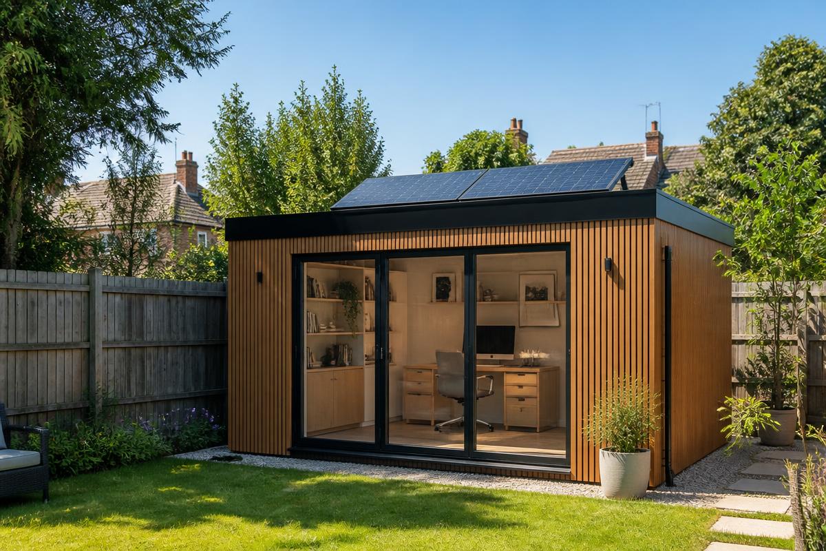 Timber-clad garden room office in a British back garden with two black solar panels mounted on its roof