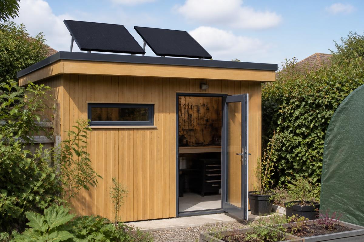 Flat-roof timber garden workshop with an open door and two black solar panels on tilted mounts on its roof